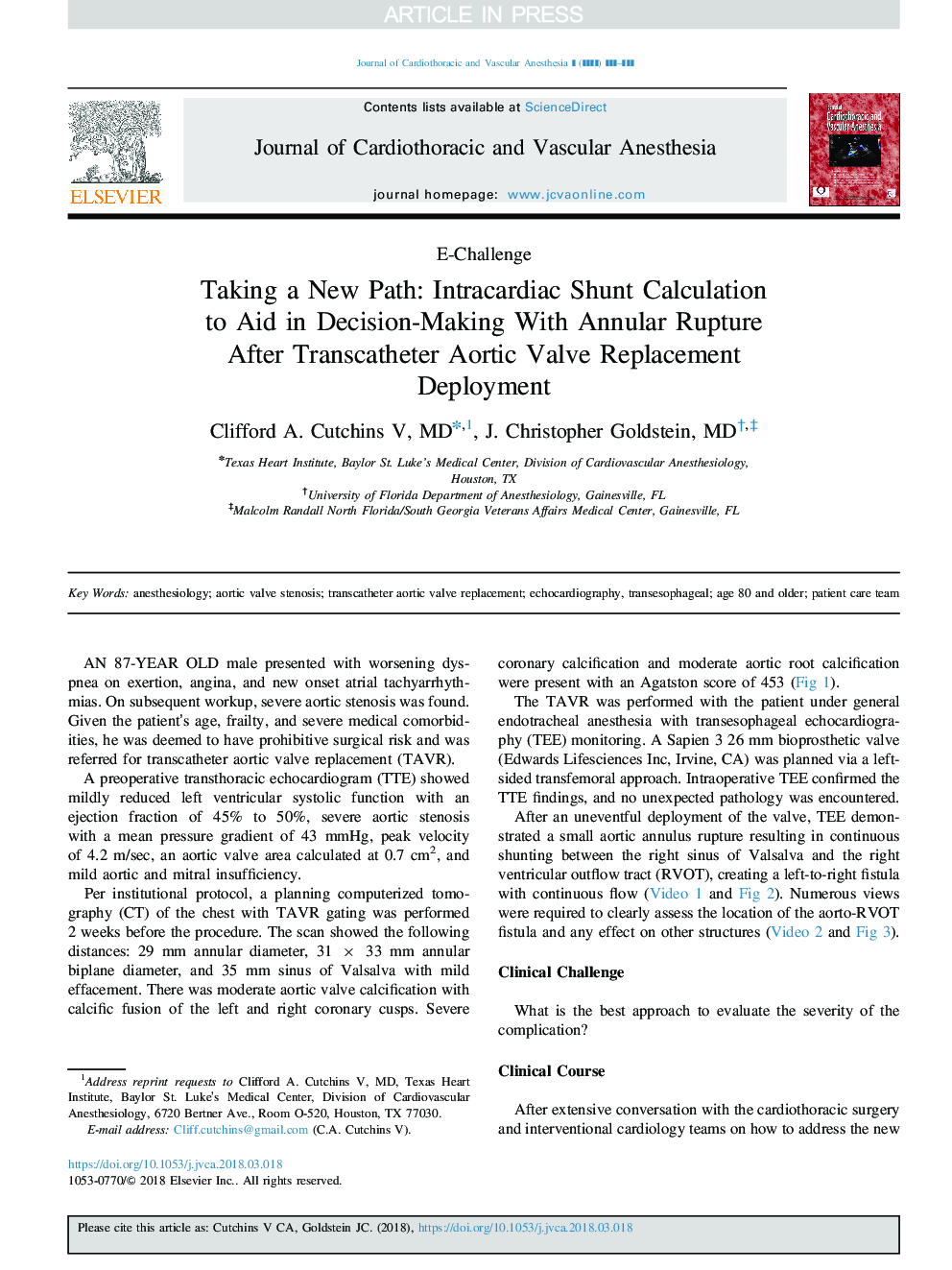 Taking a New Path: Intracardiac Shunt Calculation to Aid in Decision-Making With Annular Rupture After Transcatheter Aortic Valve Replacement Deployment