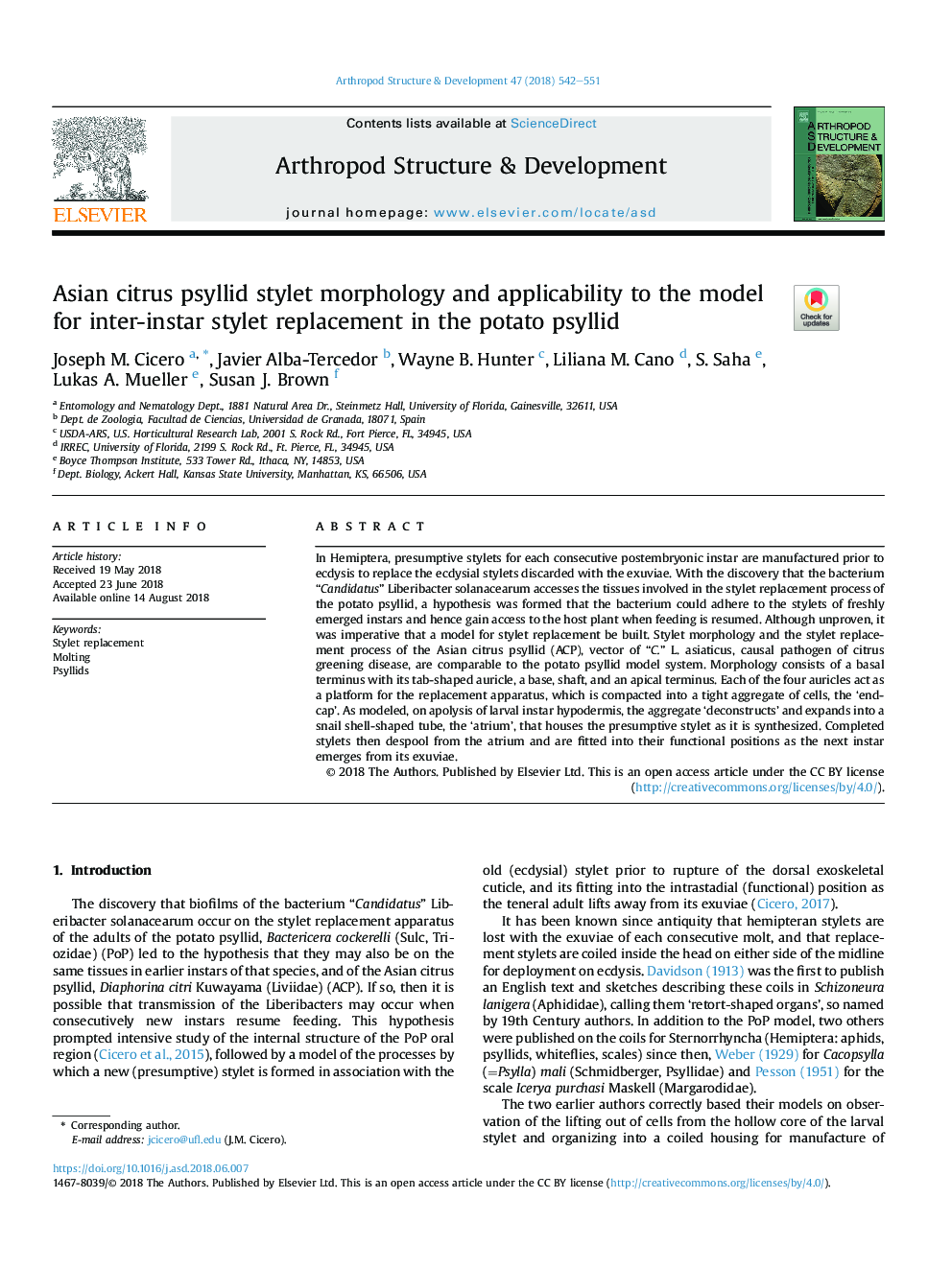 Asian citrus psyllid stylet morphology and applicability to the model for inter-instar stylet replacement in the potato psyllid