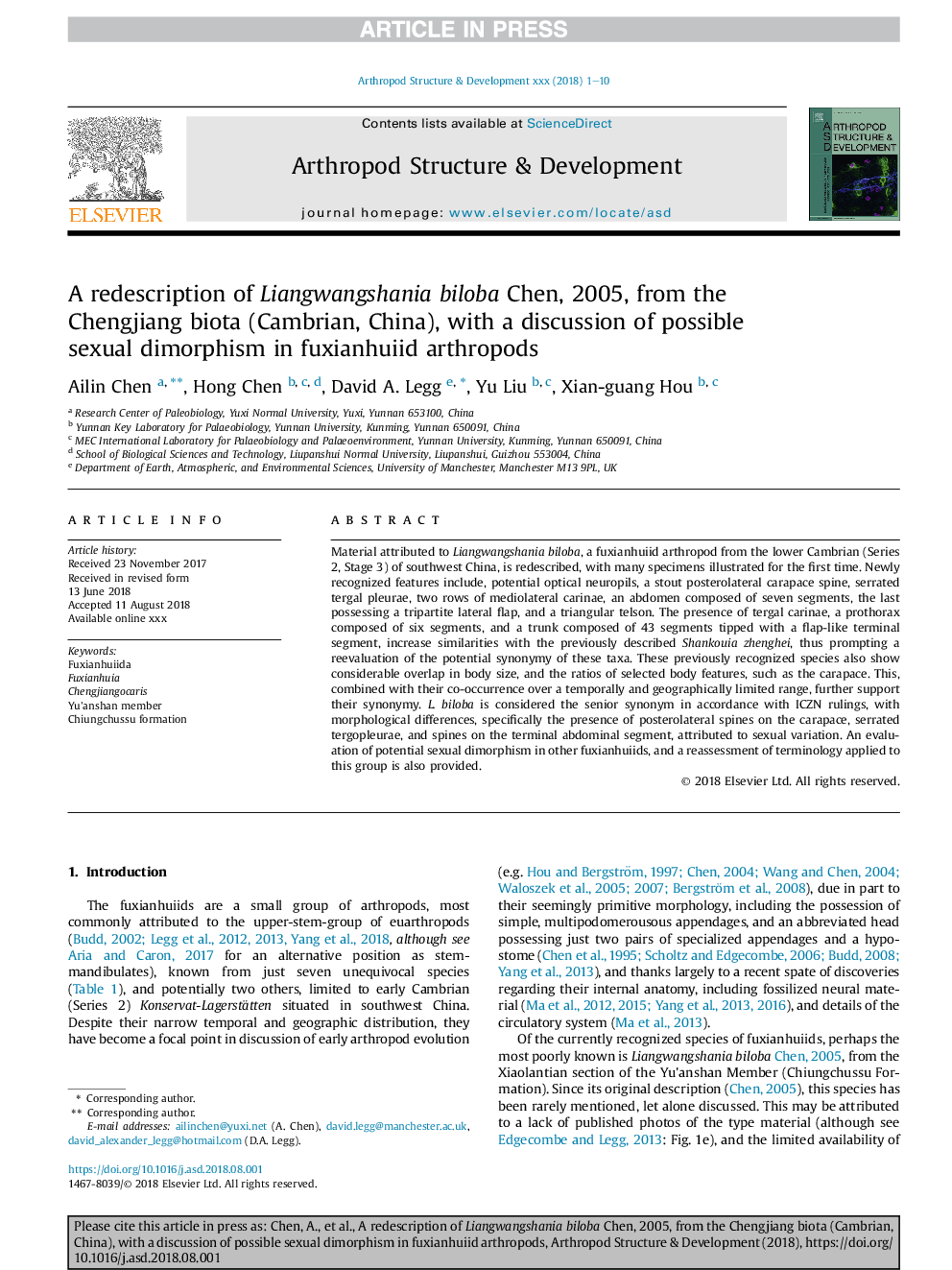 A redescription of Liangwangshania biloba Chen, 2005, from the Chengjiang biota (Cambrian, China), with a discussion of possible sexual dimorphism in fuxianhuiid arthropods