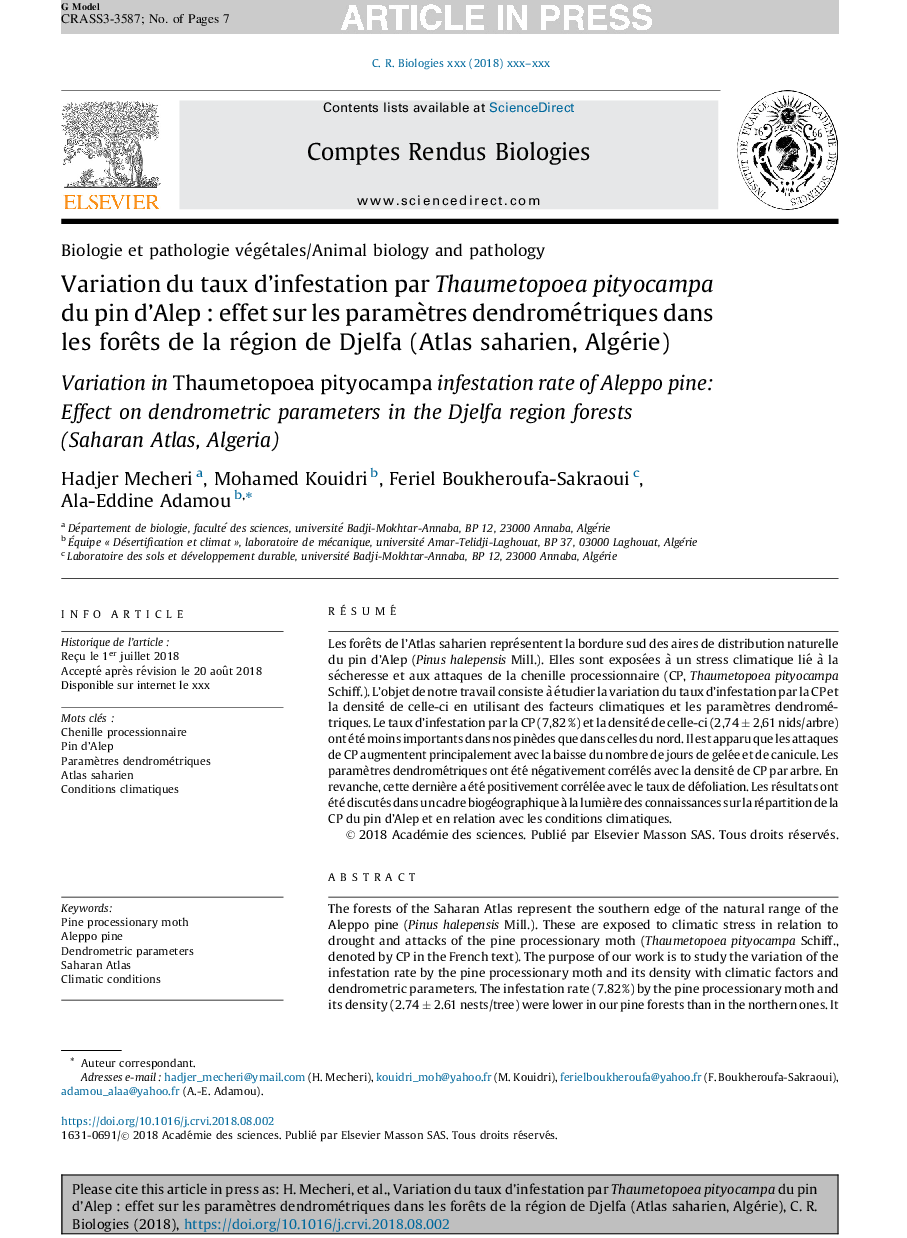 Variation du taux d'infestation par ThaumetopoeaÂ pityocampa du pin d'AlepÂ : effet sur les paramÃ¨tres dendrométriques dans les forÃªts de la région de Djelfa (Atlas saharien, Algérie)
