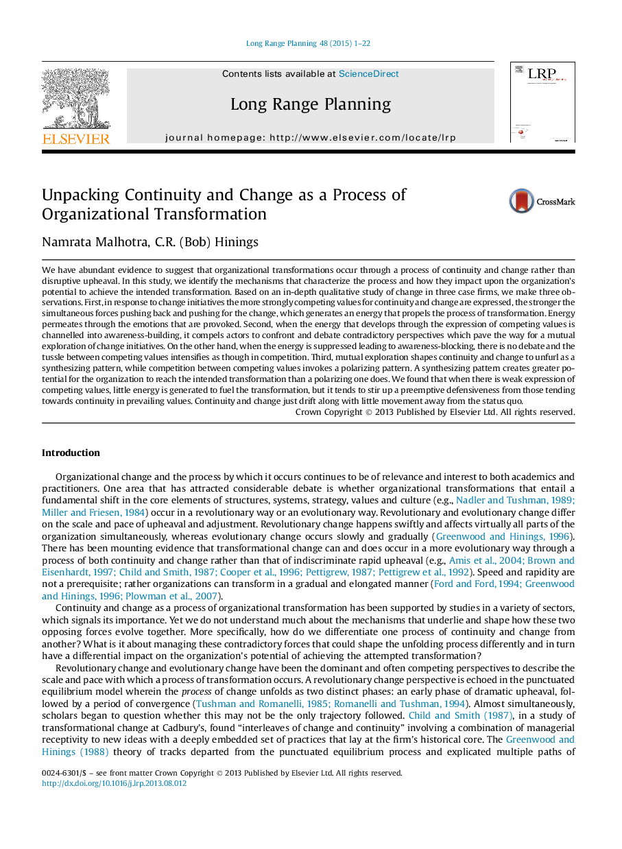 Unpacking Continuity and Change as a Process of Organizational Transformation