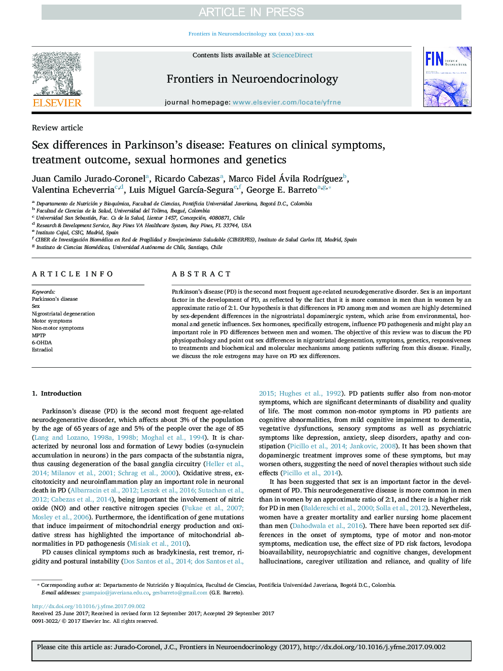 Sex differences in Parkinson's disease: Features on clinical symptoms, treatment outcome, sexual hormones and genetics