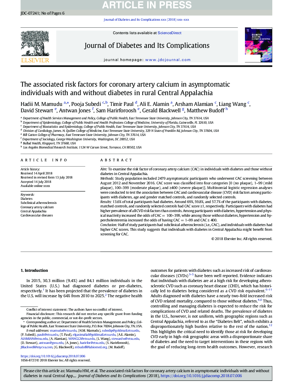 The associated risk factors for coronary artery calcium in asymptomatic individuals with and without diabetes in rural Central Appalachia