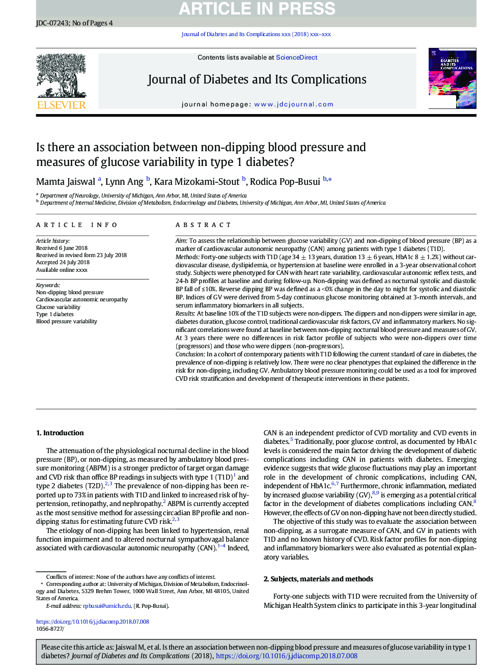 Is there an association between non-dipping blood pressure and measures of glucose variability in type 1 diabetes?