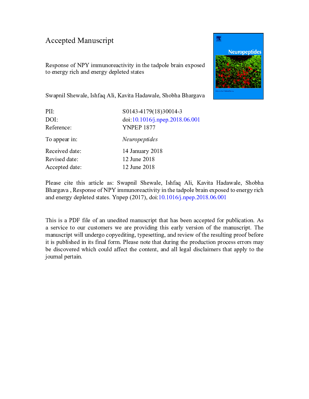 Response of NPY immunoreactivity in the tadpole brain exposed to energy rich and energy depleted states