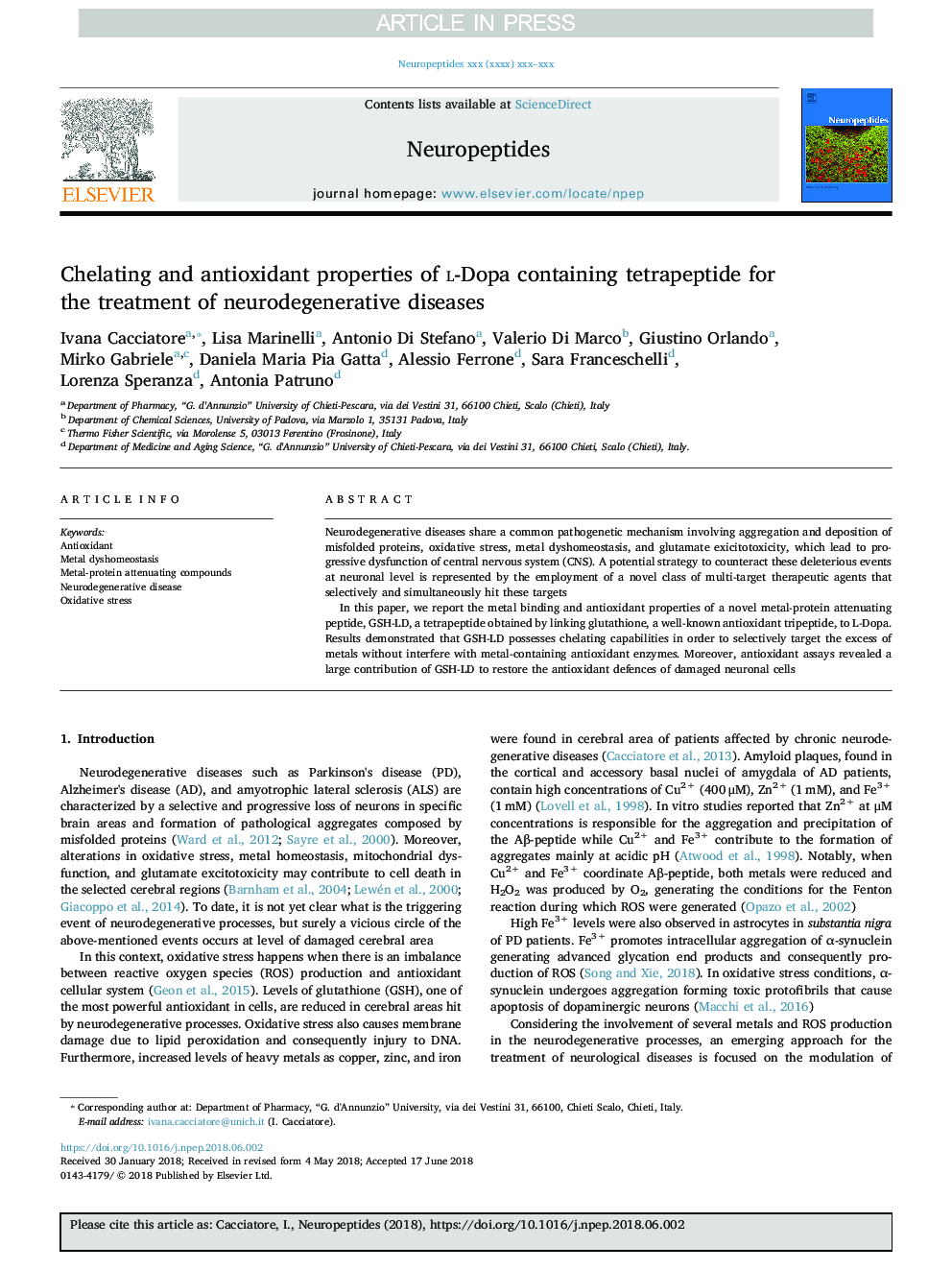 Chelating and antioxidant properties of l-Dopa containing tetrapeptide for the treatment of neurodegenerative diseases