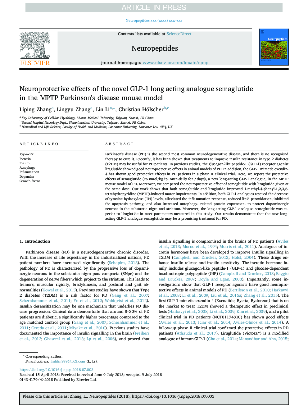 Neuroprotective effects of the novel GLP-1 long acting analogue semaglutide in the MPTP Parkinson's disease mouse model