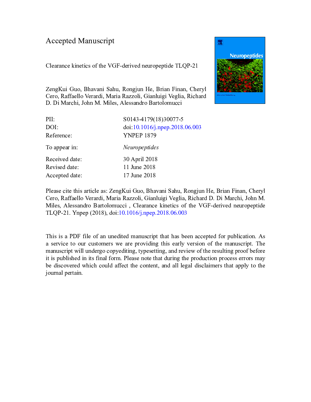 Clearance kinetics of the VGF-derived neuropeptide TLQP-21