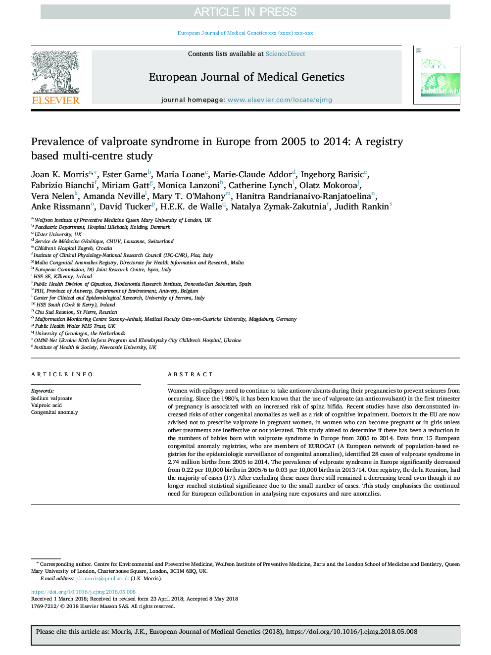 شیوع سندرم والپروات در اروپا از سال 2005 تا 2014: مطالعه چند مرکزی مبتنی بر رجیستری