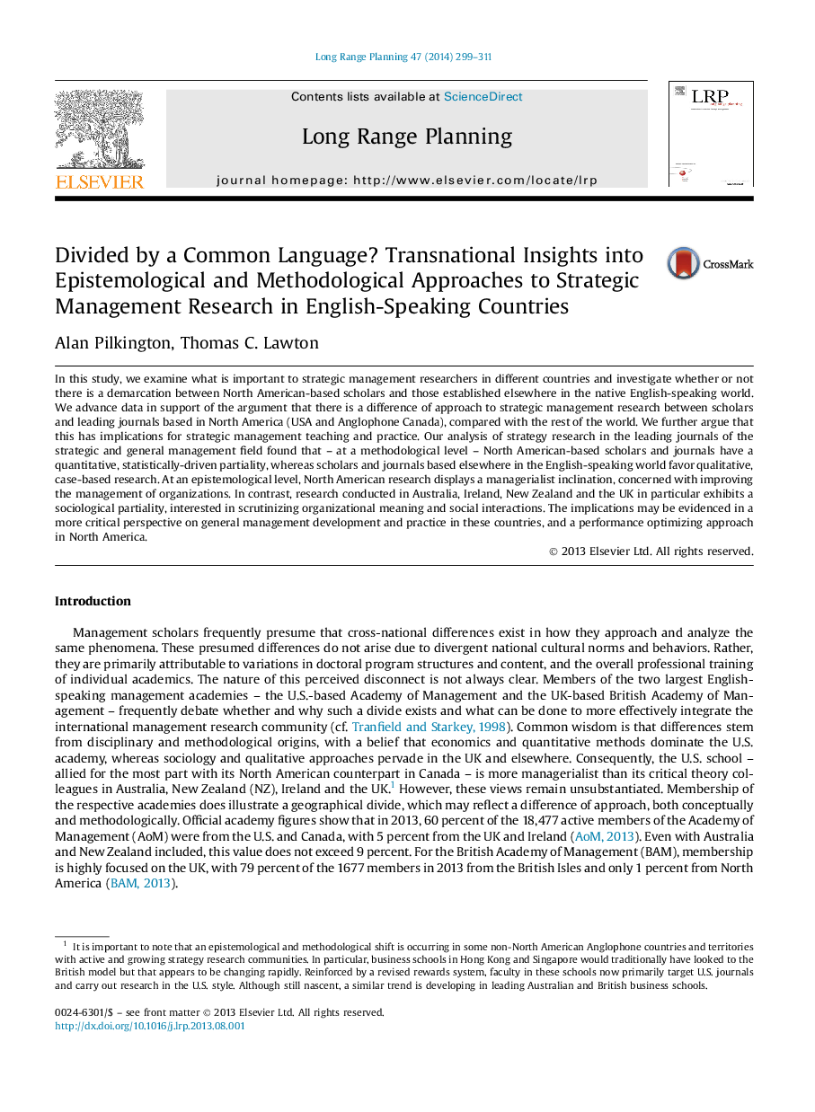 Divided by a Common Language? Transnational Insights into Epistemological and Methodological Approaches to Strategic Management Research in English-Speaking Countries