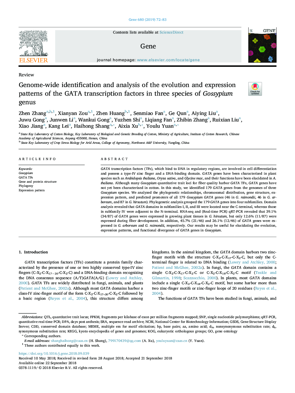 Genome-wide identification and analysis of the evolution and expression patterns of the GATA transcription factors in three species of Gossypium genus