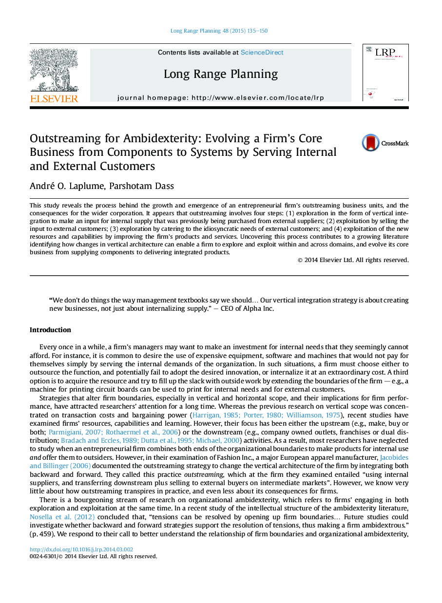 Outstreaming for Ambidexterity: Evolving a Firm's Core Business from Components to Systems by Serving Internal and External Customers