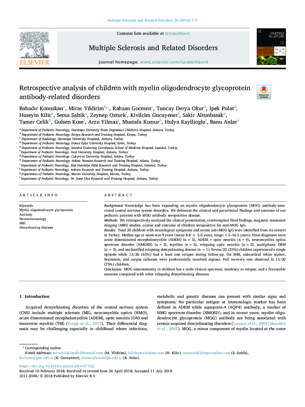 Retrospective analysis of children with myelin oligodendrocyte glycoprotein antibody-related disorders