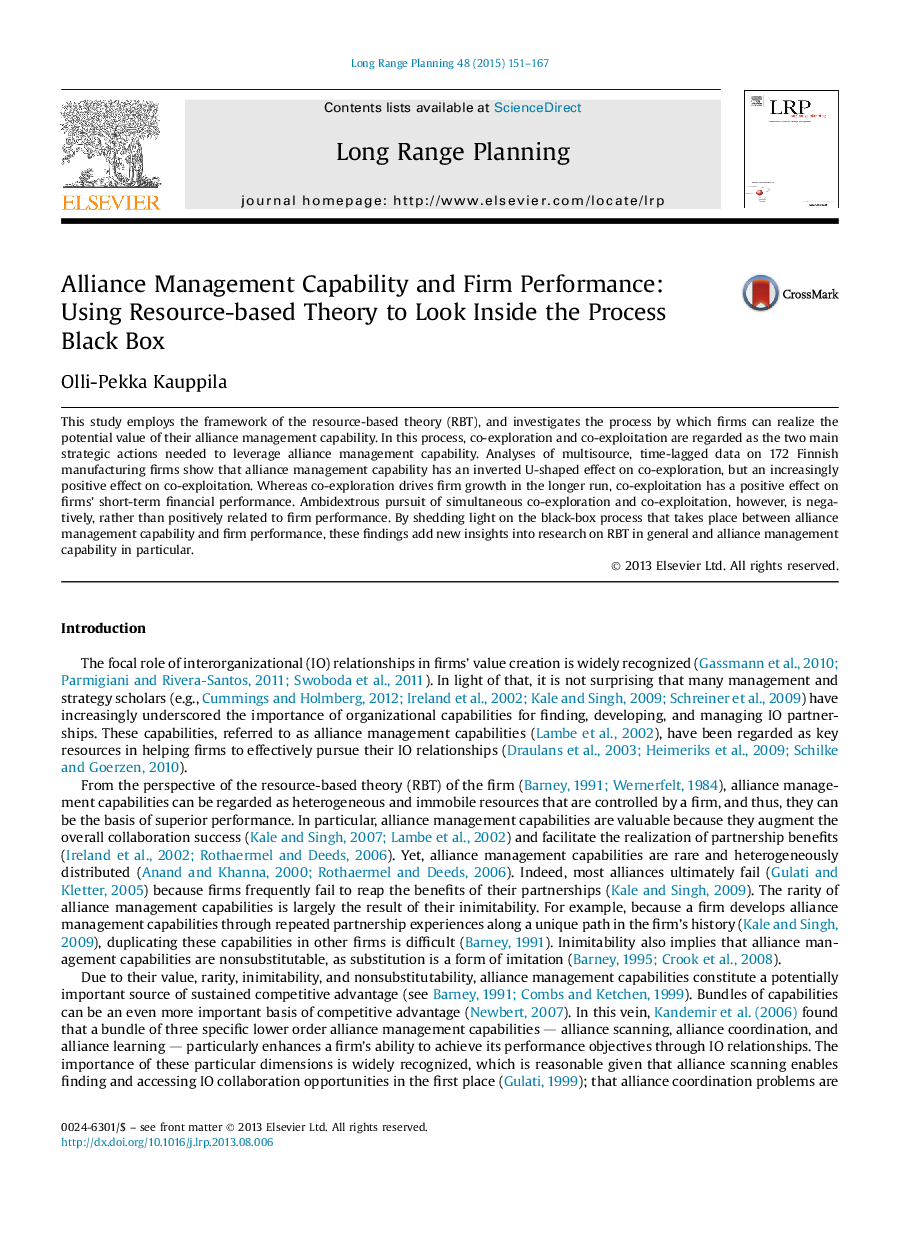 Alliance Management Capability and Firm Performance: Using Resource-based Theory to Look Inside the Process Black Box