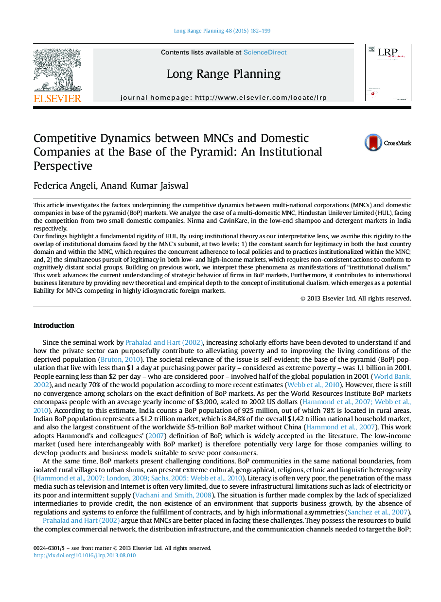 Competitive Dynamics between MNCs and Domestic Companies at the Base of the Pyramid: An Institutional Perspective