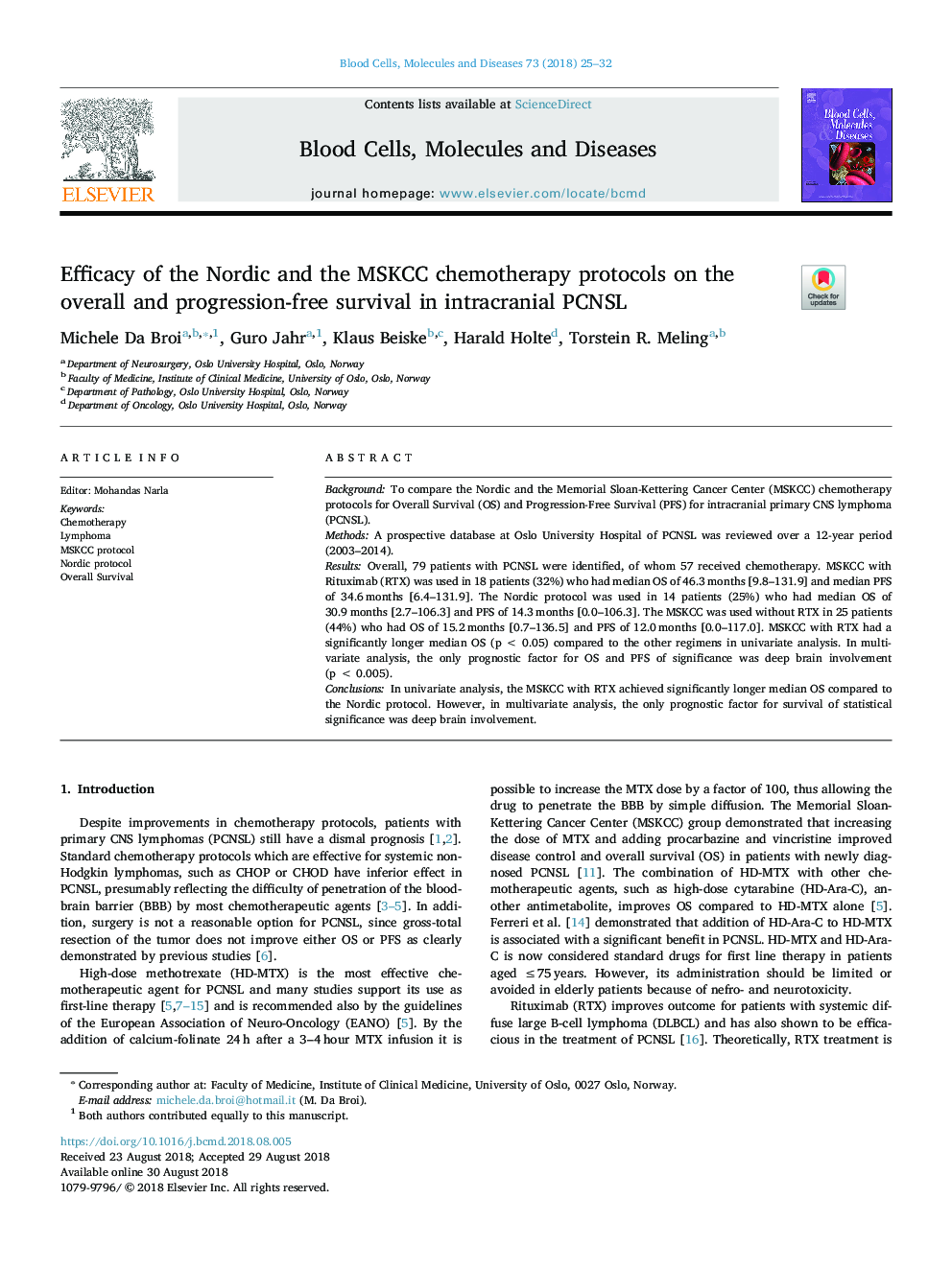 Efficacy of the Nordic and the MSKCC chemotherapy protocols on the overall and progression-free survival in intracranial PCNSL