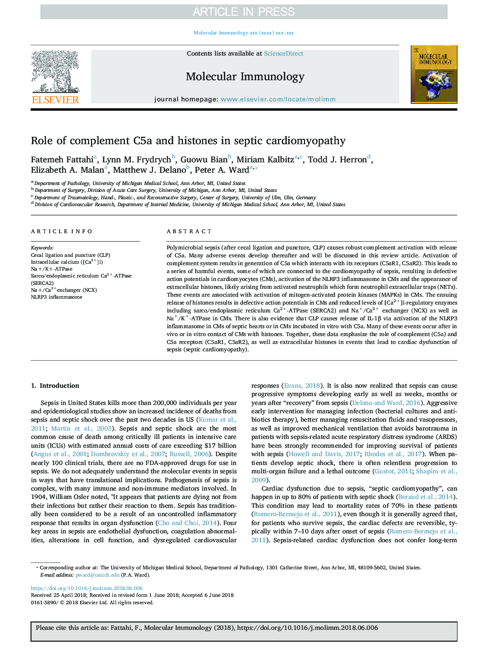 Role of complement C5a and histones in septic cardiomyopathy