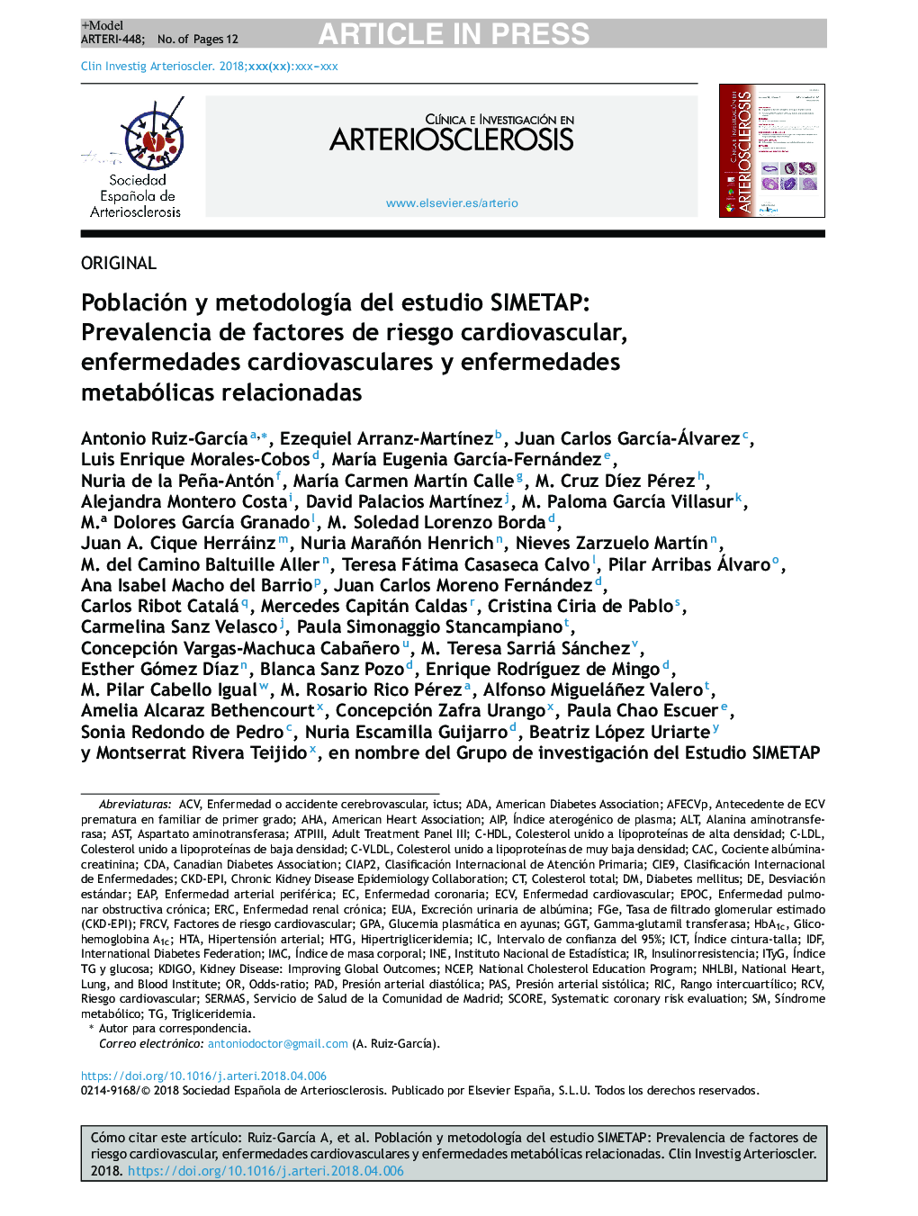 Población y metodologÃ­a del estudio SIMETAP: Prevalencia de factores de riesgo cardiovascular, enfermedades cardiovasculares y enfermedades metabólicas relacionadas