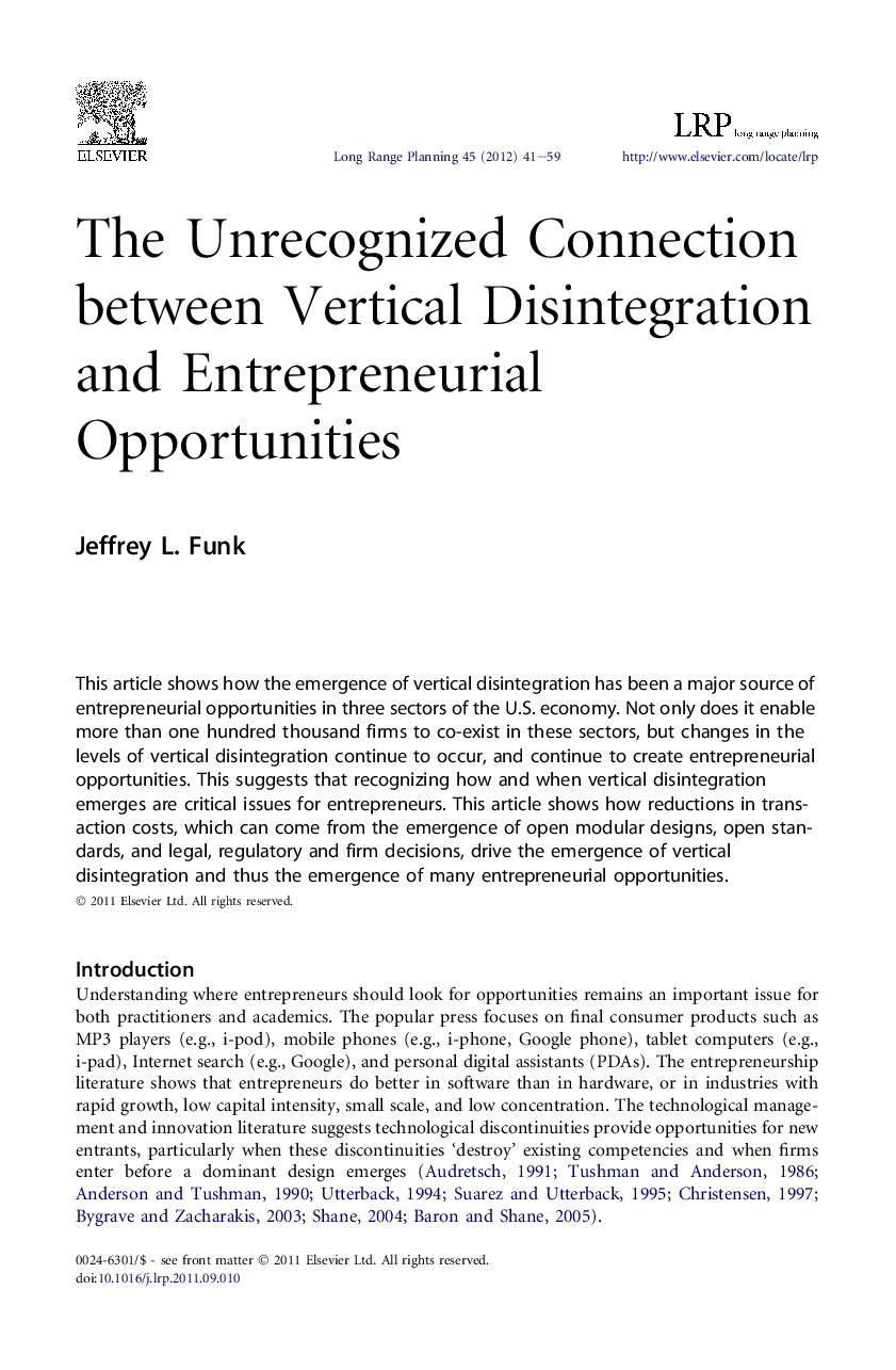 The Unrecognized Connection between Vertical Disintegration and Entrepreneurial Opportunities