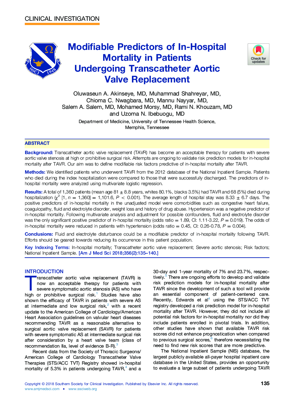 Modifiable Predictors of In-Hospital Mortality in Patients Undergoing Transcatheter Aortic Valve Replacement