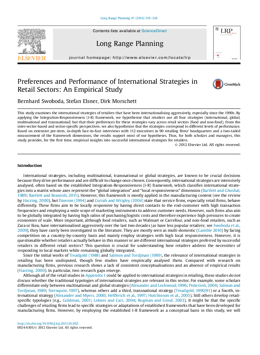 Preferences and Performance of International Strategies in Retail Sectors: An Empirical Study