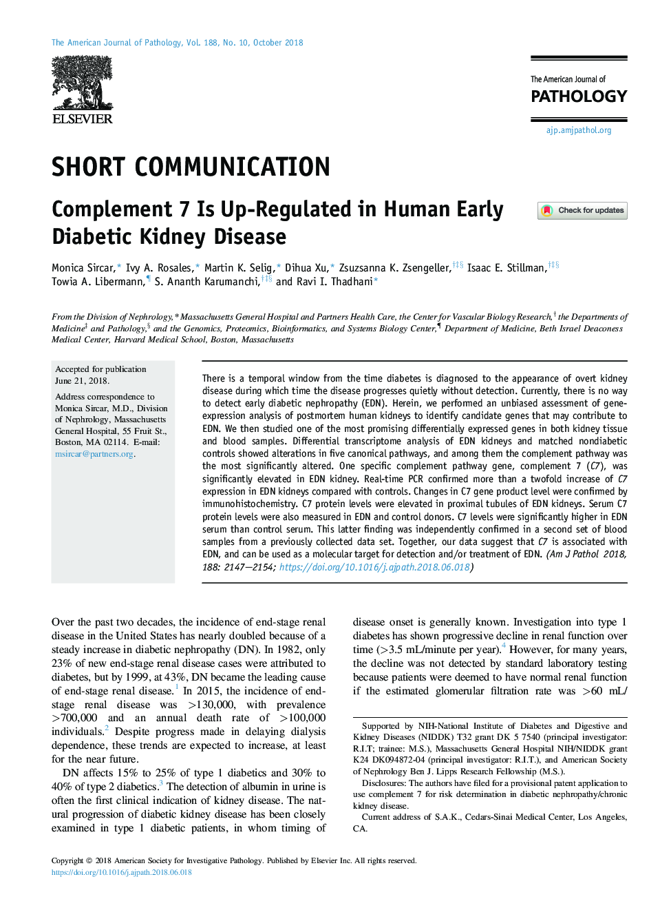 Complement 7 Is Up-Regulated in Human Early Diabetic Kidney Disease