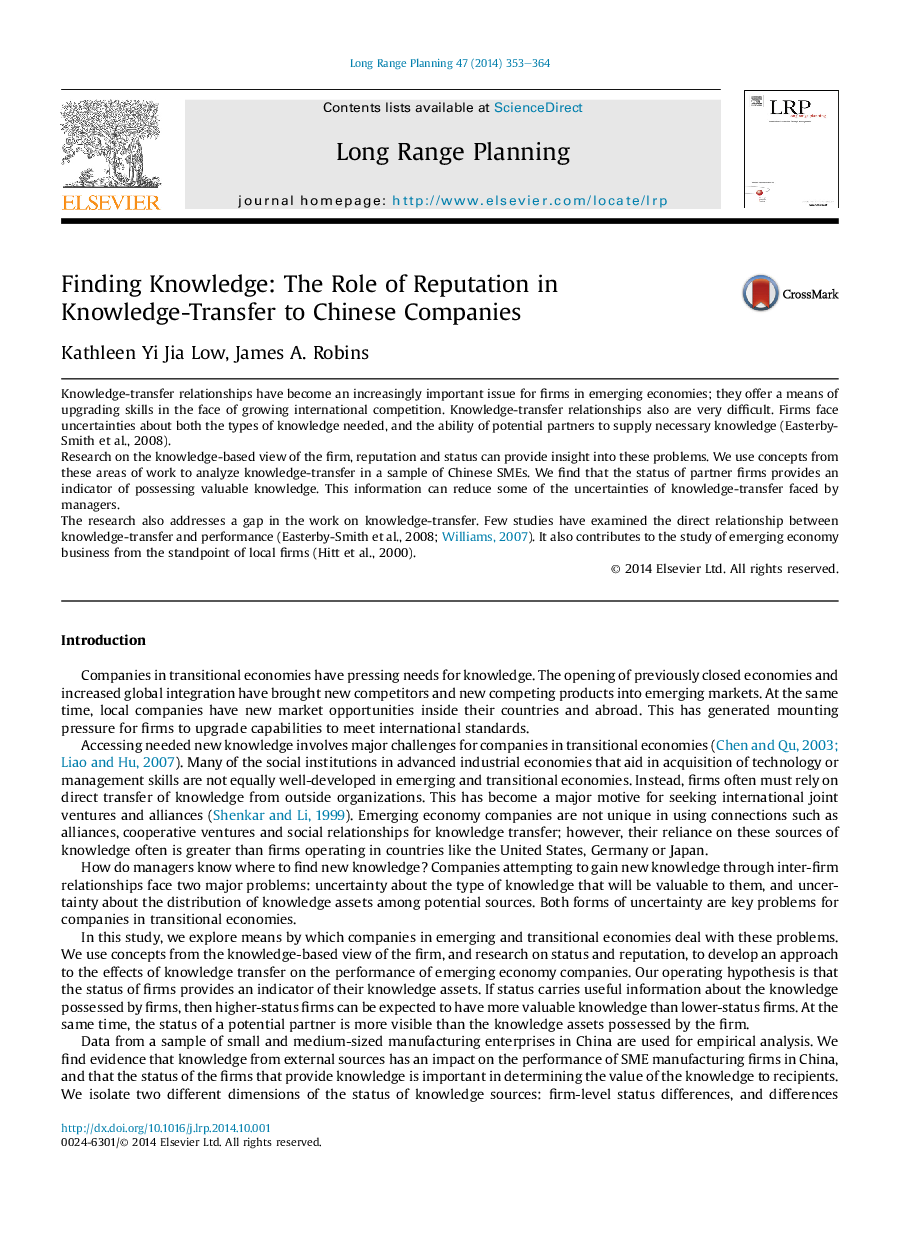 Finding Knowledge: The Role of Reputation in Knowledge-Transfer to Chinese Companies