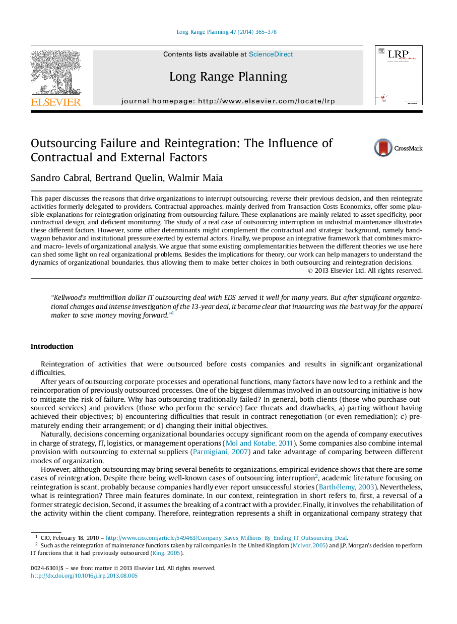 Outsourcing Failure and Reintegration: The Influence of Contractual and External Factors