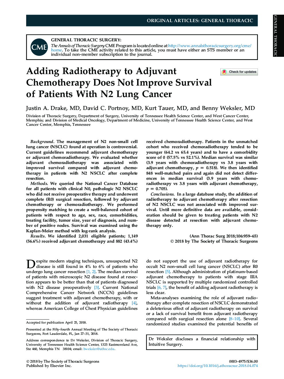 Adding Radiotherapy to Adjuvant Chemotherapy Does Not Improve Survival of Patients With N2 Lung Cancer