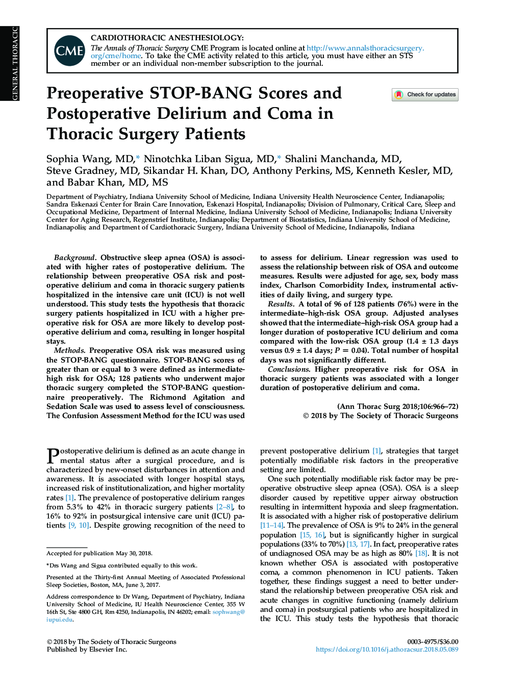 Preoperative STOP-BANG Scores and Postoperative Delirium and Coma in Thoracic Surgery Patients