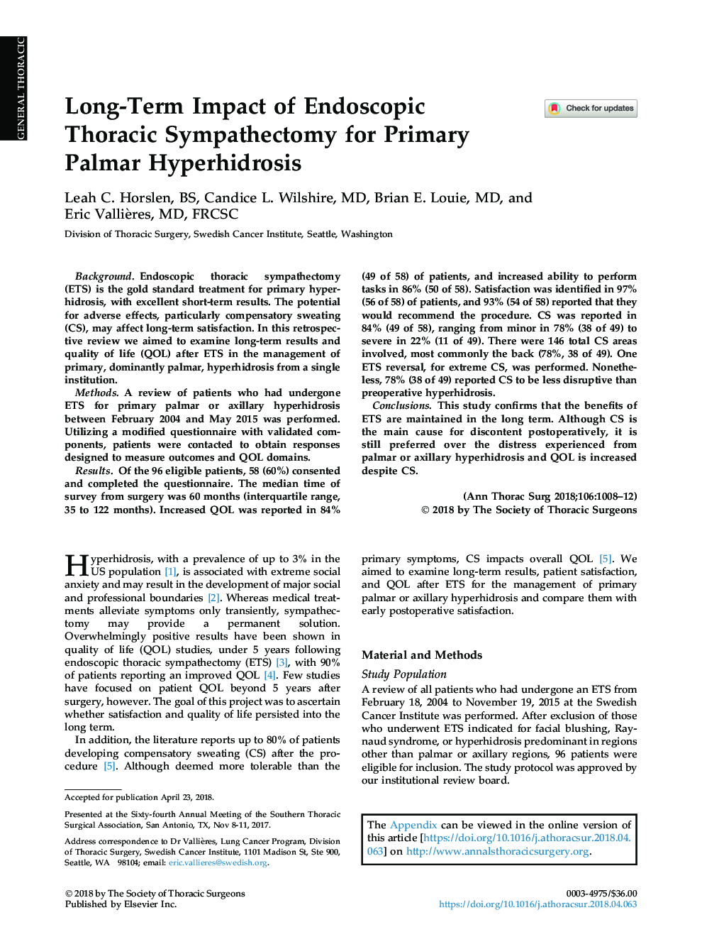 Long-Term Impact of Endoscopic ThoracicÂ Sympathectomy for Primary Palmar Hyperhidrosis