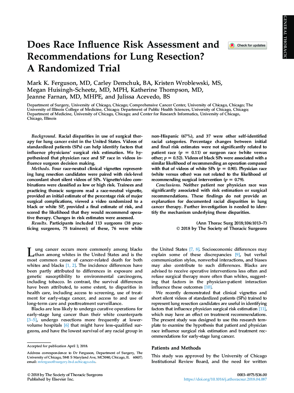 Does Race Influence Risk Assessment and Recommendations for Lung Resection? AÂ Randomized Trial