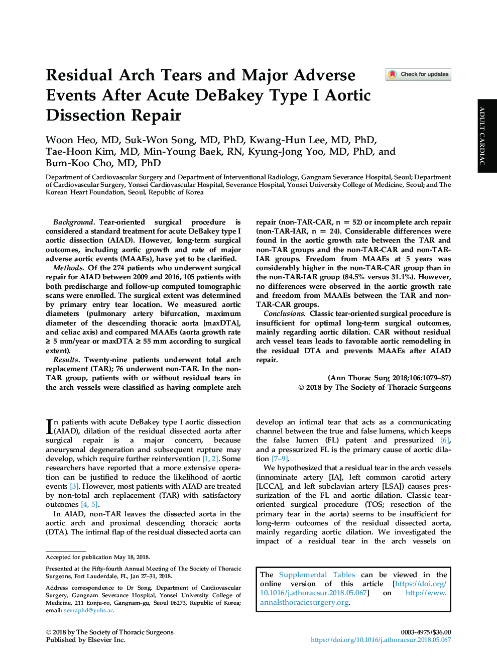 Residual Arch Tears and Major Adverse Events After Acute DeBakey Type I Aortic Dissection Repair