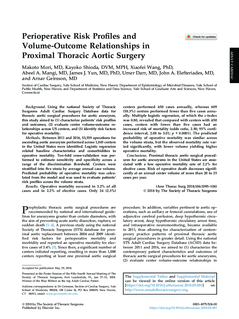 Perioperative Risk Profiles and Volume-Outcome Relationships in Proximal Thoracic Aortic Surgery