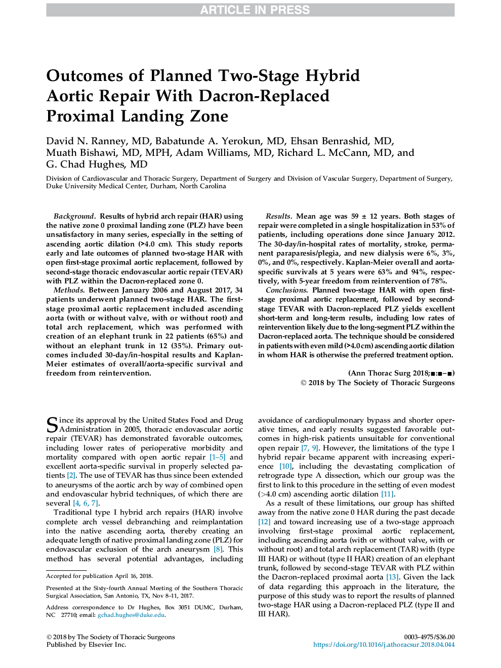 Outcomes of Planned Two-Stage Hybrid Aortic Repair With Dacron-Replaced Proximal Landing Zone