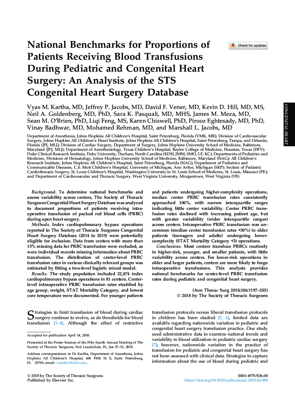National Benchmarks for Proportions of Patients Receiving Blood Transfusions During Pediatric and Congenital Heart Surgery: An Analysis of the STS Congenital Heart Surgery Database