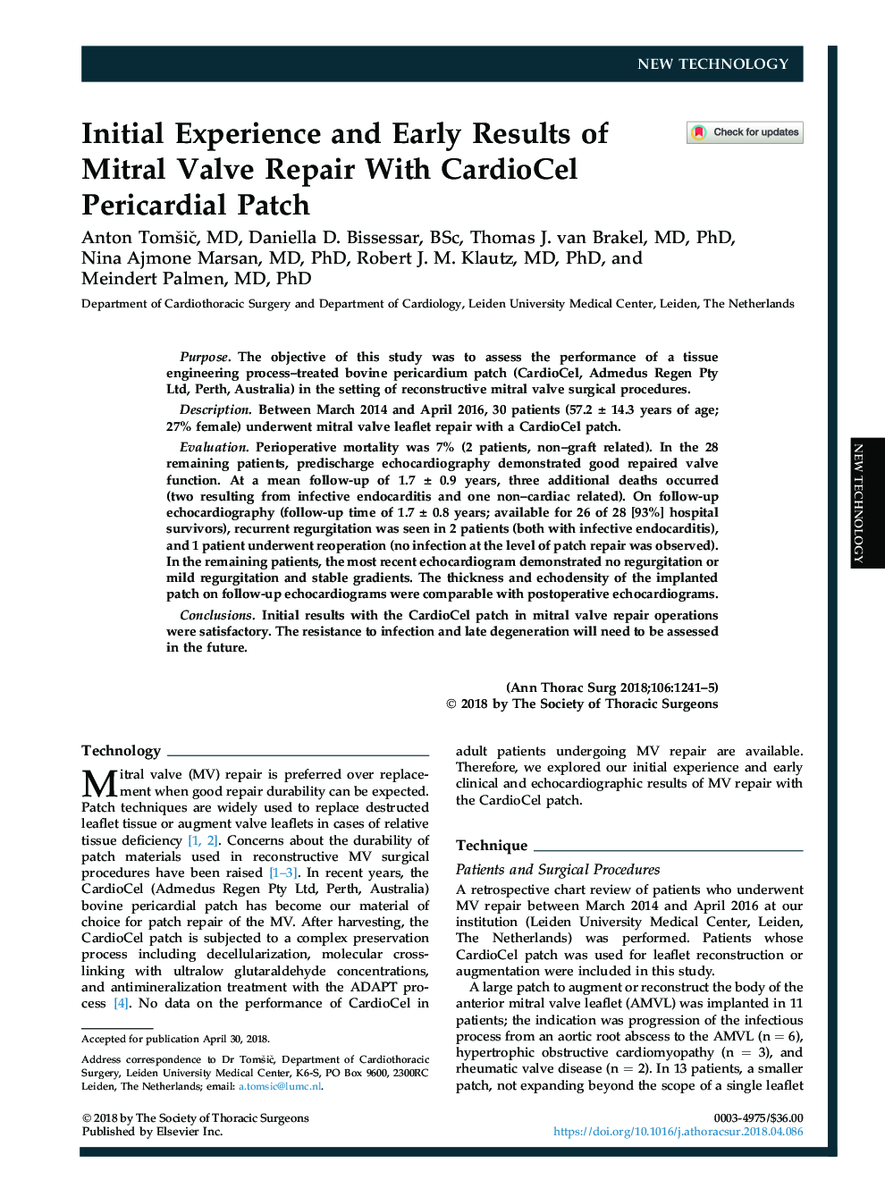 Initial Experience and Early Results of Mitral Valve Repair With CardioCel Pericardial Patch