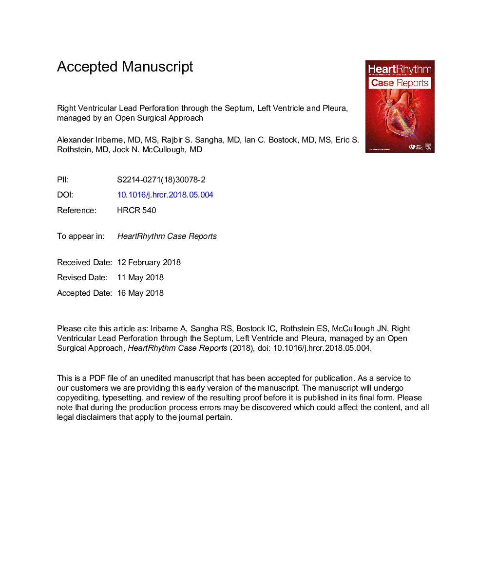 Right ventricular lead perforation through the septum, left ventricle, and pleura, managed by an open surgical approach