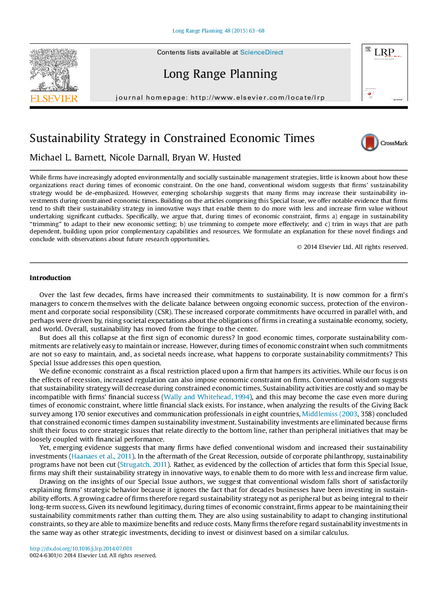 Sustainability Strategy in Constrained Economic Times