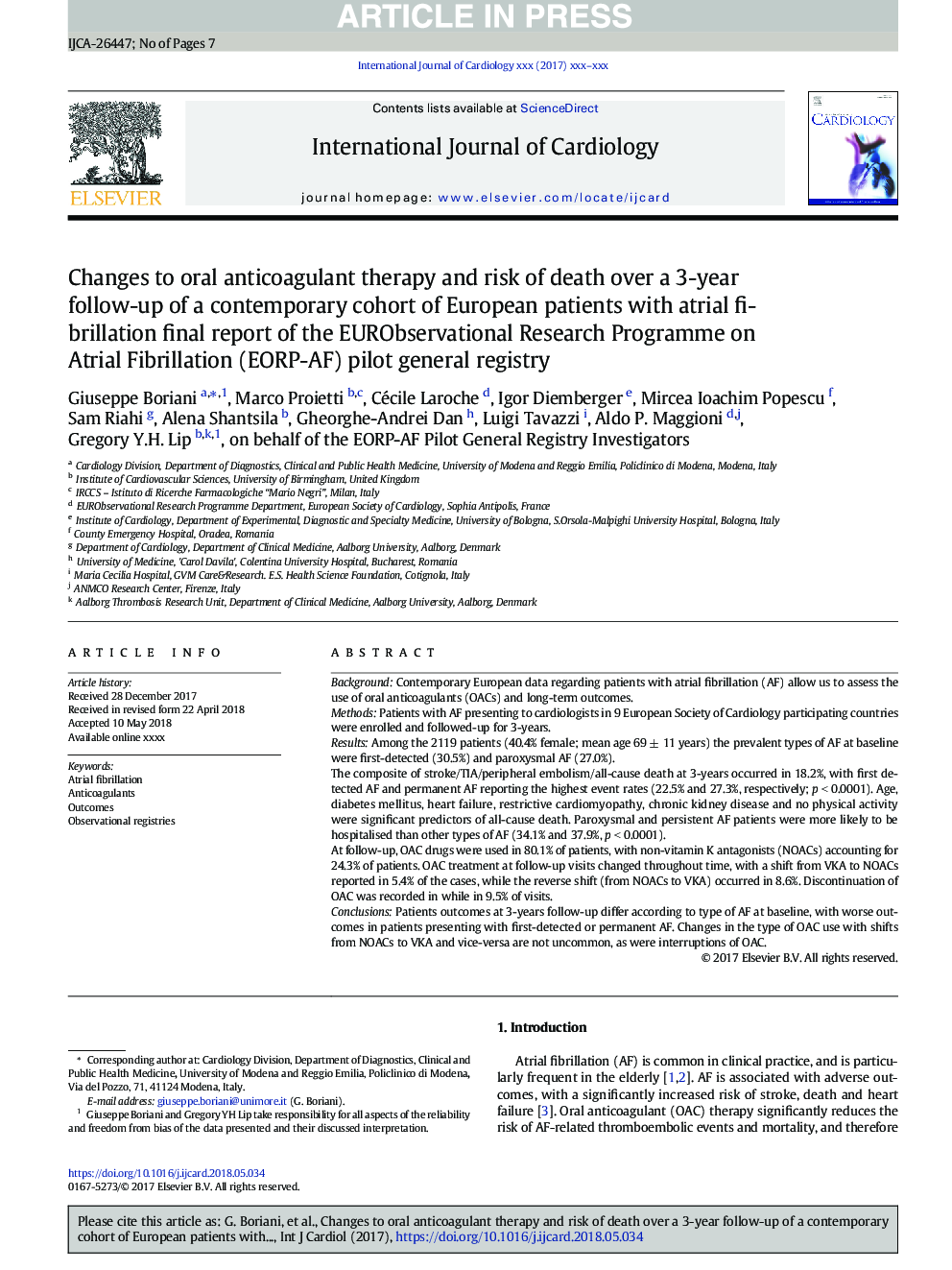 Changes to oral anticoagulant therapy and risk of death over a 3-year follow-up of a contemporary cohort of European patients with atrial fibrillation final report of the EURObservational Research Programme on Atrial Fibrillation (EORP-AF) pilot general r