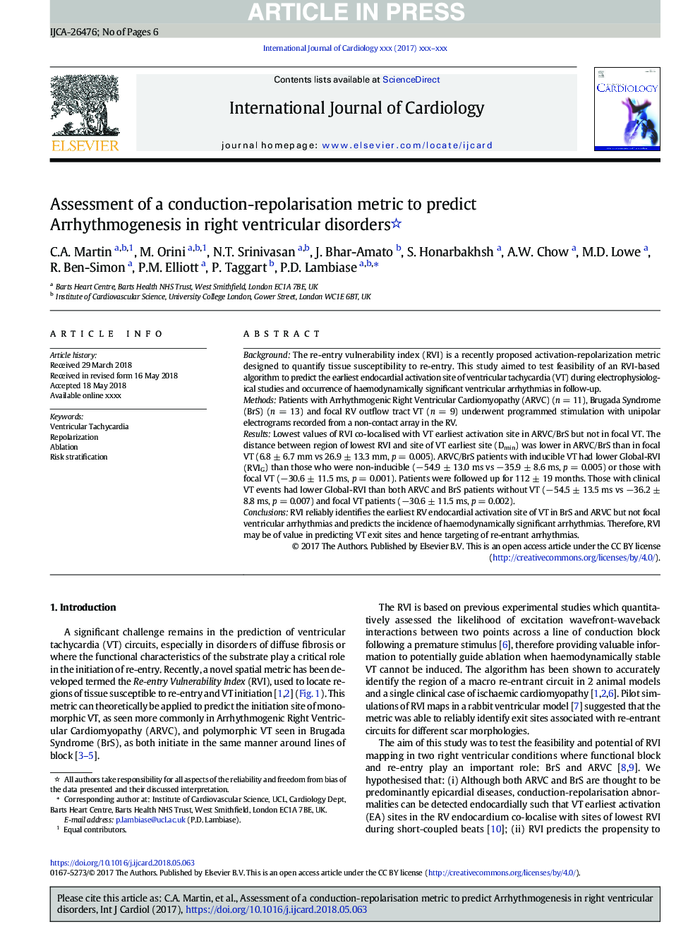 Assessment of a conduction-repolarisation metric to predict Arrhythmogenesis in right ventricular disorders