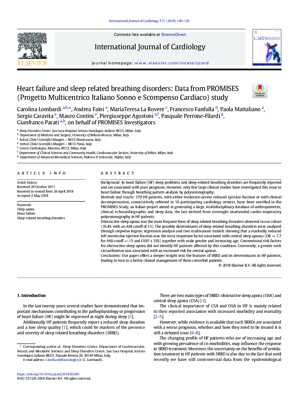 Heart failure and sleep related breathing disorders: Data from PROMISES (Progetto Multicentrico Italiano Sonno e Scompenso Cardiaco) study