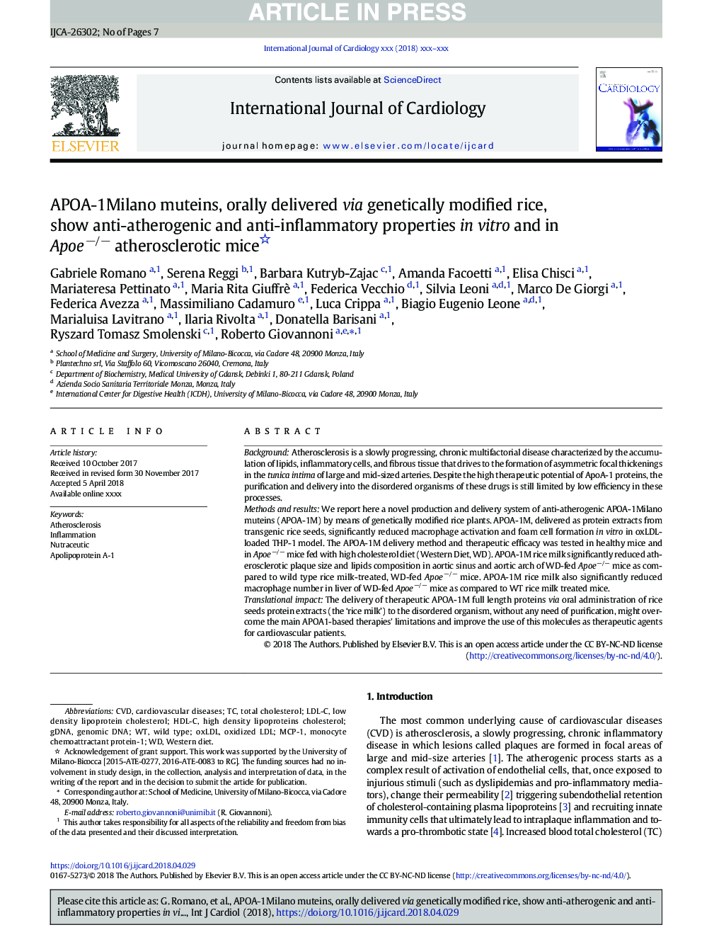 APOA-1Milano muteins, orally delivered via genetically modified rice, show anti-atherogenic and anti-inflammatory properties in vitro and in Apoeâ/â atherosclerotic mice