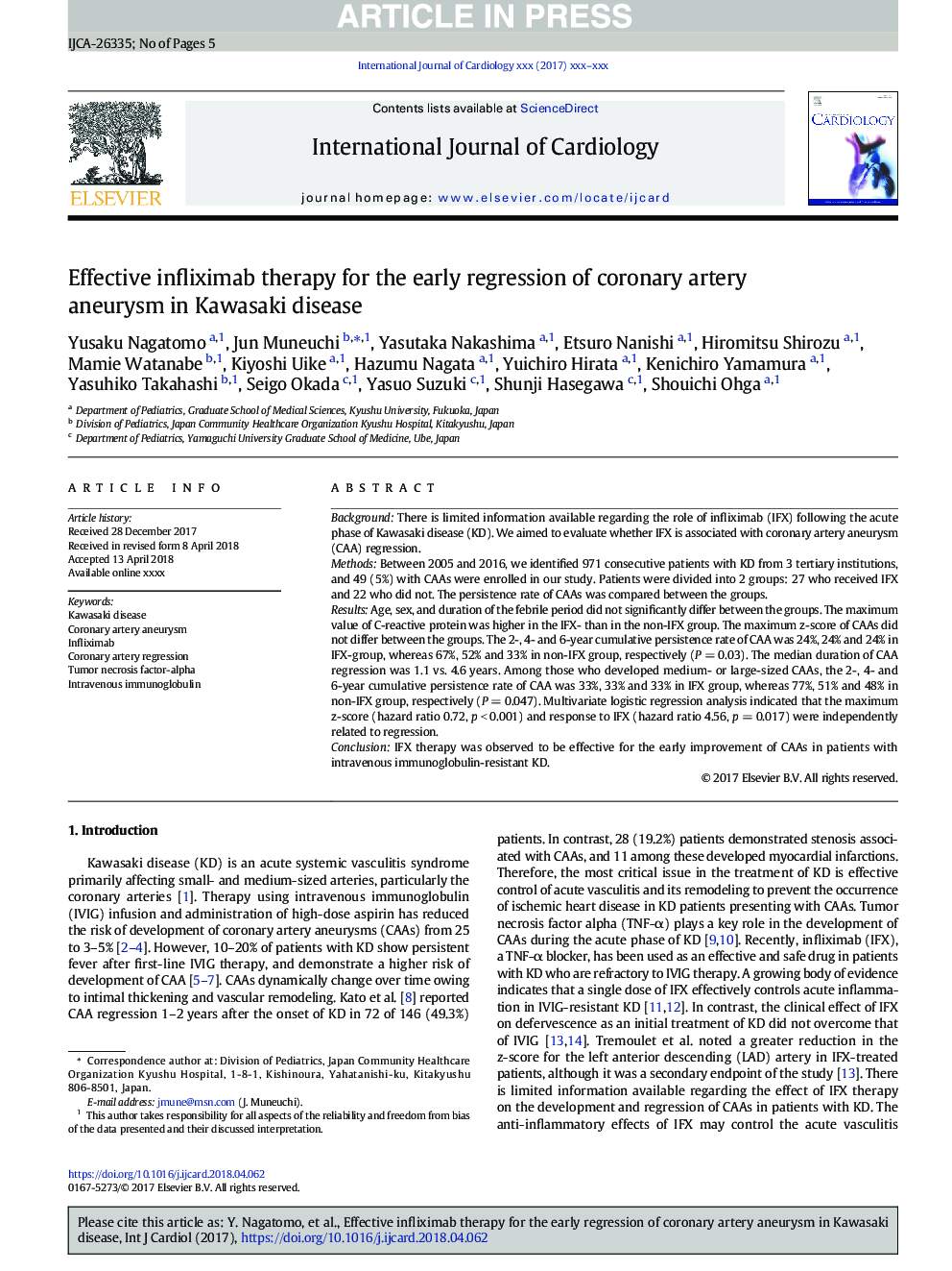 Effective infliximab therapy for the early regression of coronary artery aneurysm in Kawasaki disease