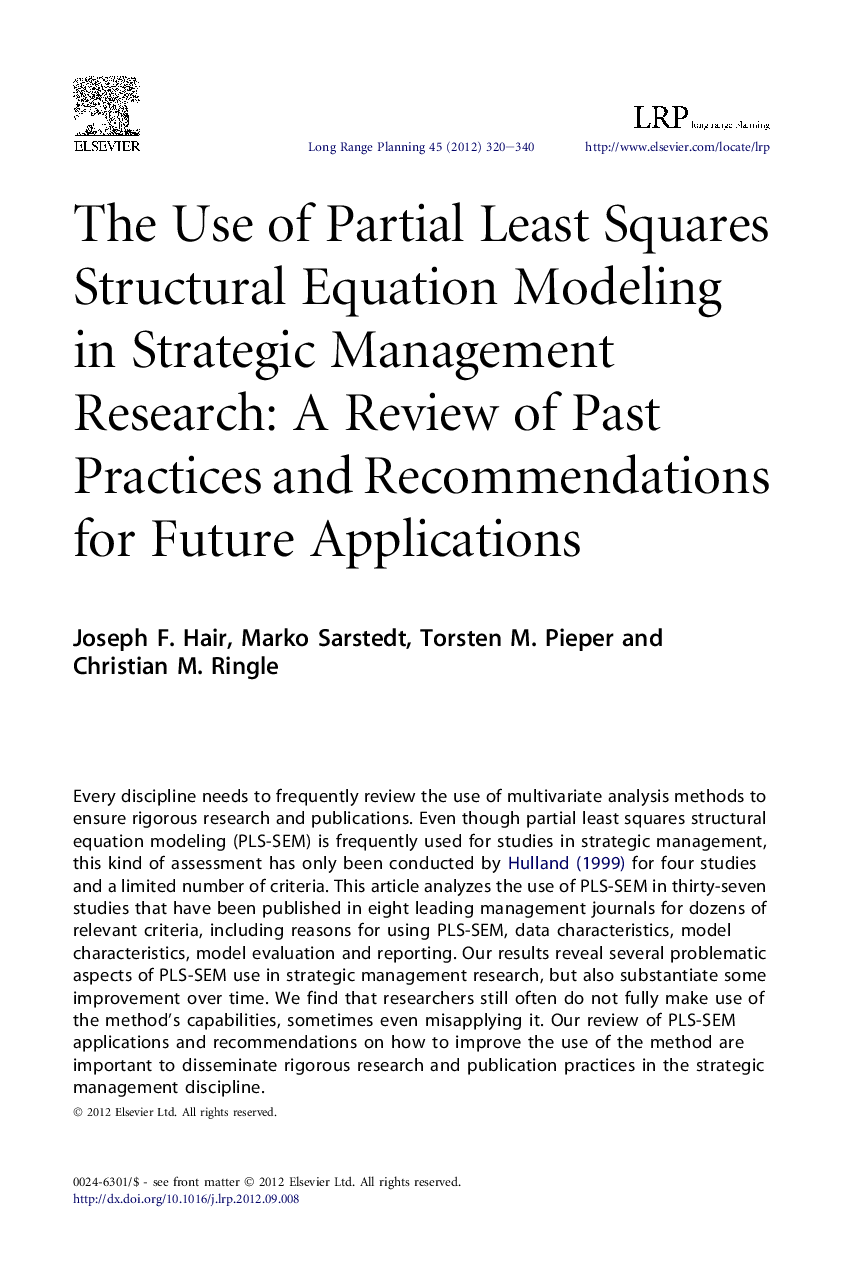 The Use of Partial Least Squares Structural Equation Modeling in Strategic Management Research: A Review of Past Practices and Recommendations for Future Applications