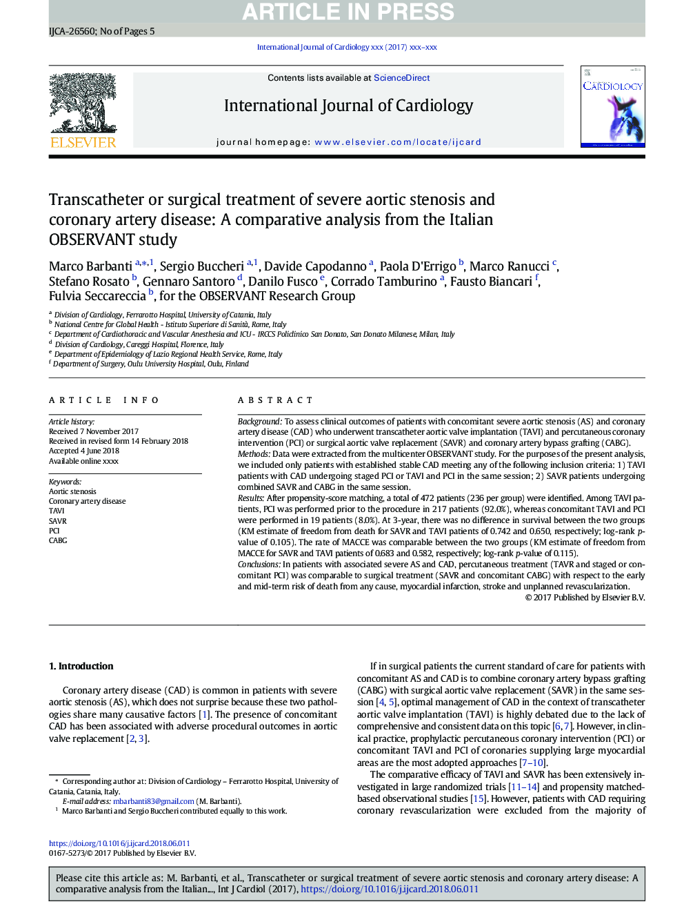 Transcatheter or surgical treatment of severe aortic stenosis and coronary artery disease: A comparative analysis from the Italian OBSERVANT study