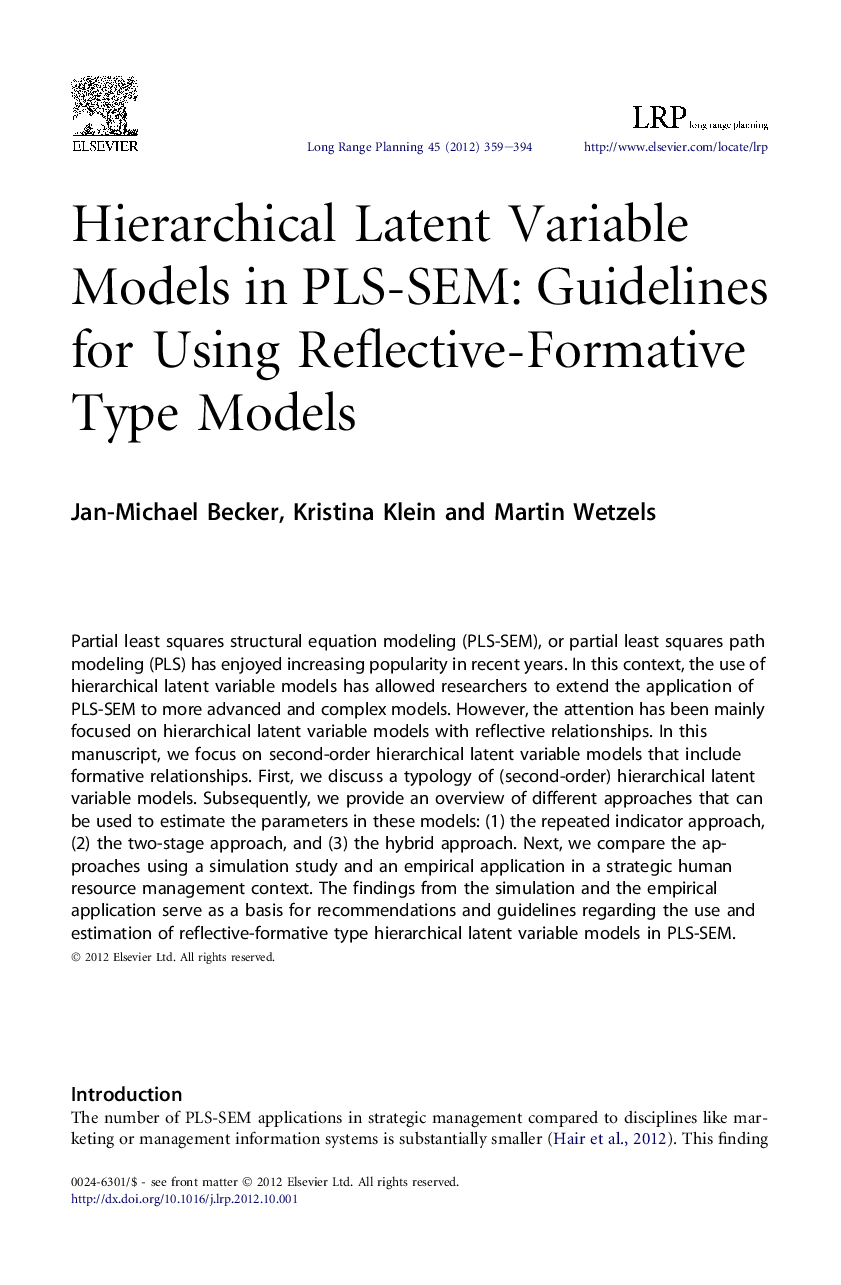 Hierarchical Latent Variable Models in PLS-SEM: Guidelines for Using Reflective-Formative Type Models