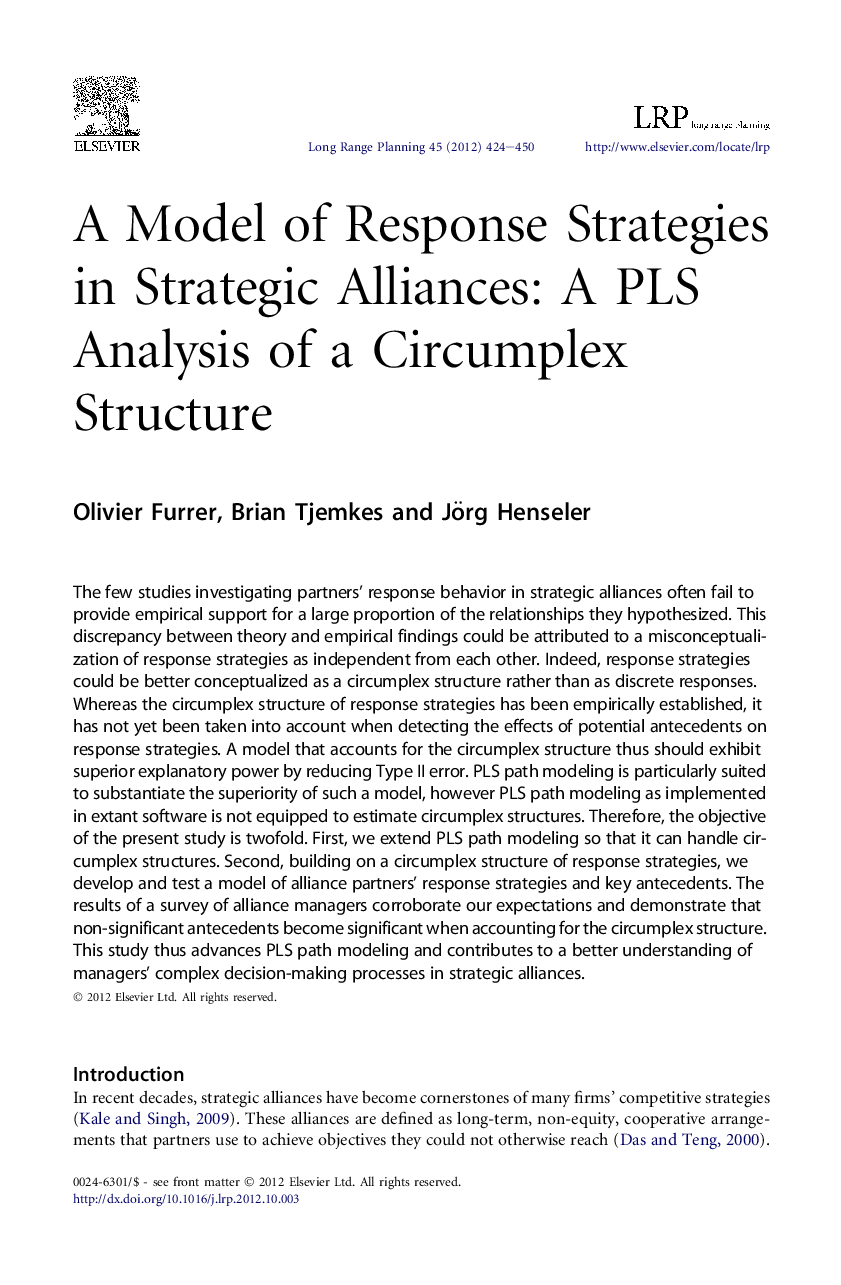 A Model of Response Strategies in Strategic Alliances: A PLS Analysis of a Circumplex Structure