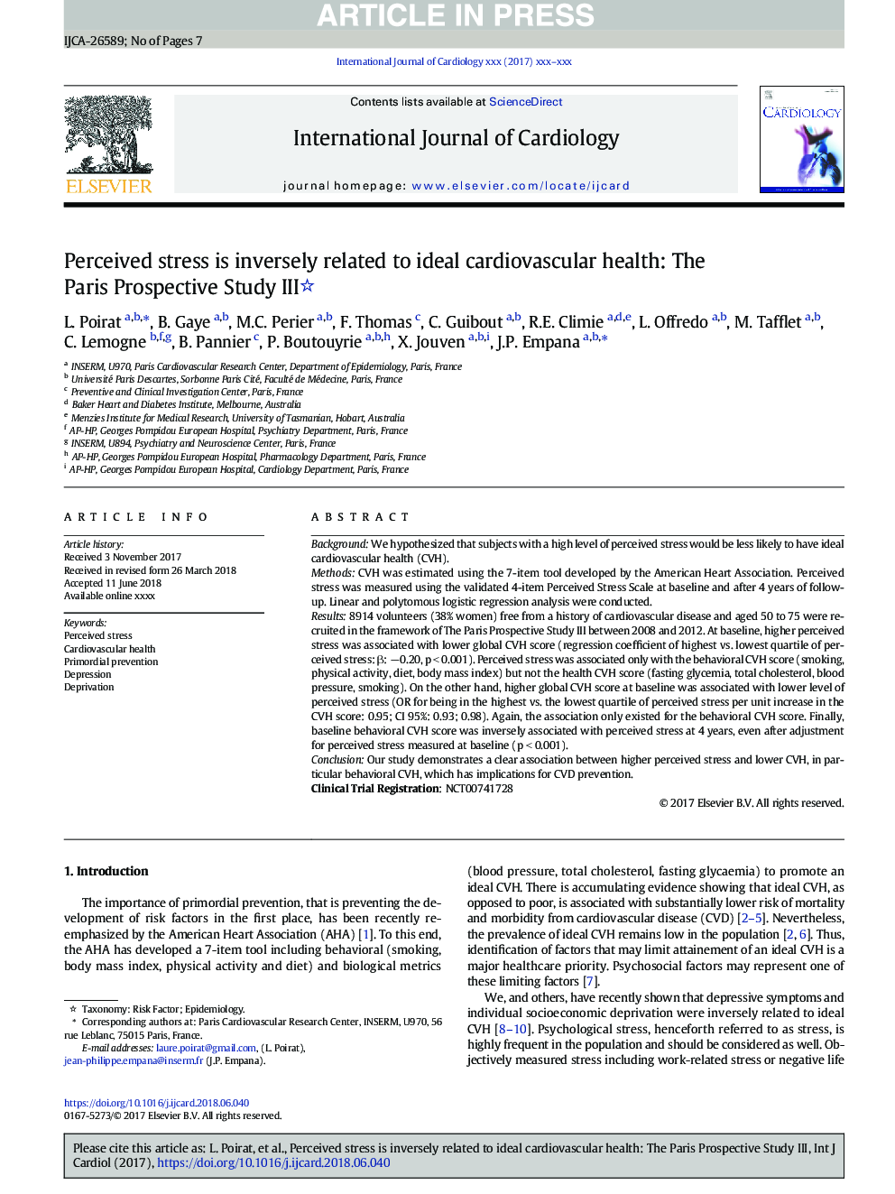 Perceived stress is inversely related to ideal cardiovascular health: The Paris Prospective Study III