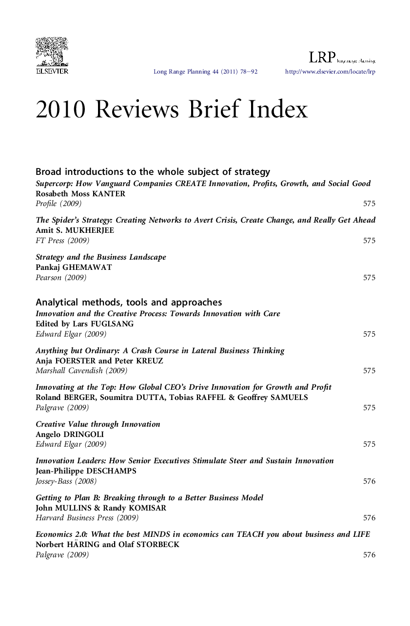 2010 Reviews Brief Index